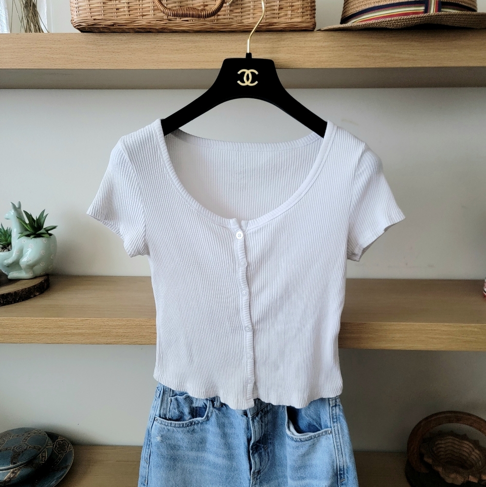 White Ribbed Button-Up Top